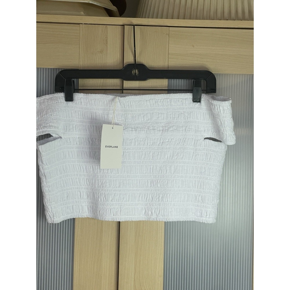 Everlane Cotton Ruched Crop Top White Sz L Summer Vacation Beach Casual Festival - Picture 2 of 4